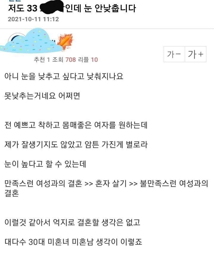 10f79e98cd49341ac7b20bea07c5032d.webp 남초 및 여초 모두 공감받았다는 30대 미혼남녀 생각.