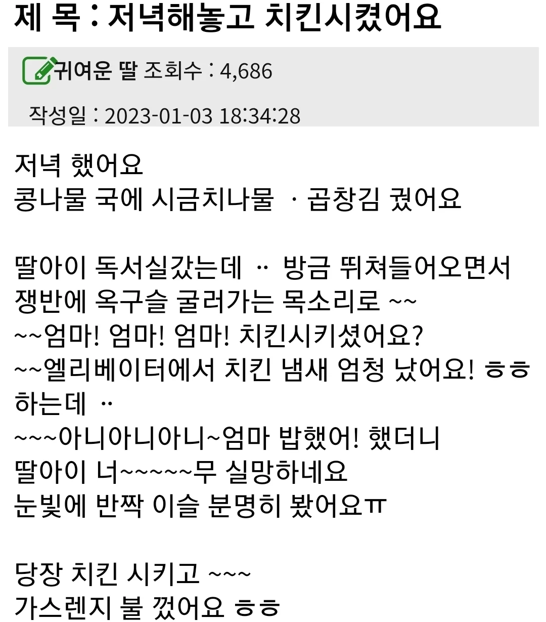 저녁해놓고 치킨시켰어요