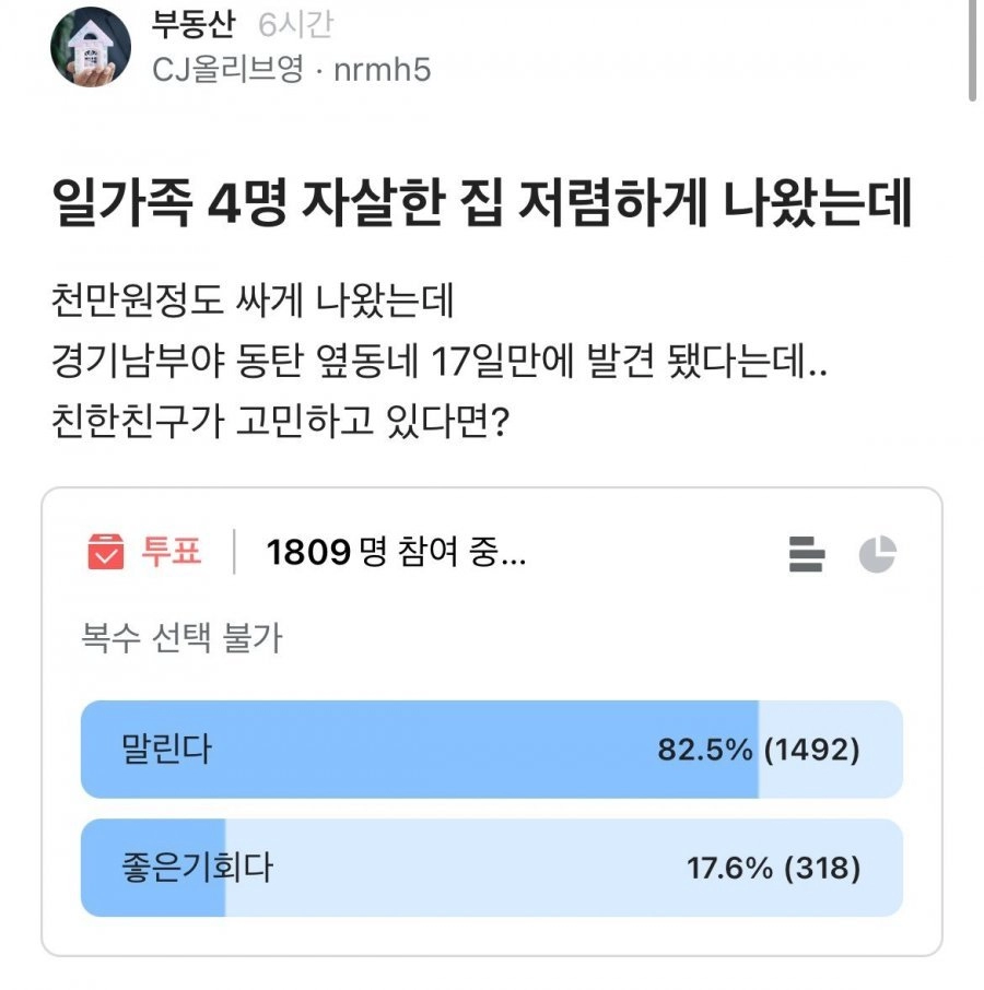 일가족 4명 자살한 집이 저렴하게 나왔는데