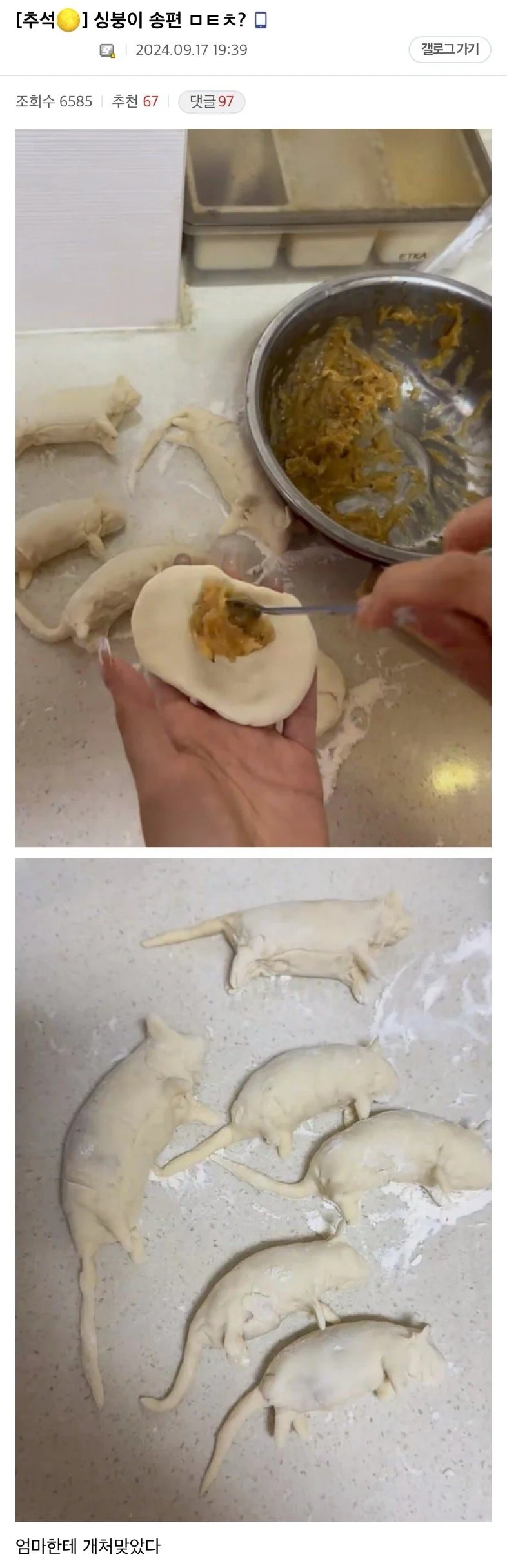 송편 만들다 엄마한테 개쳐맞은 사람
