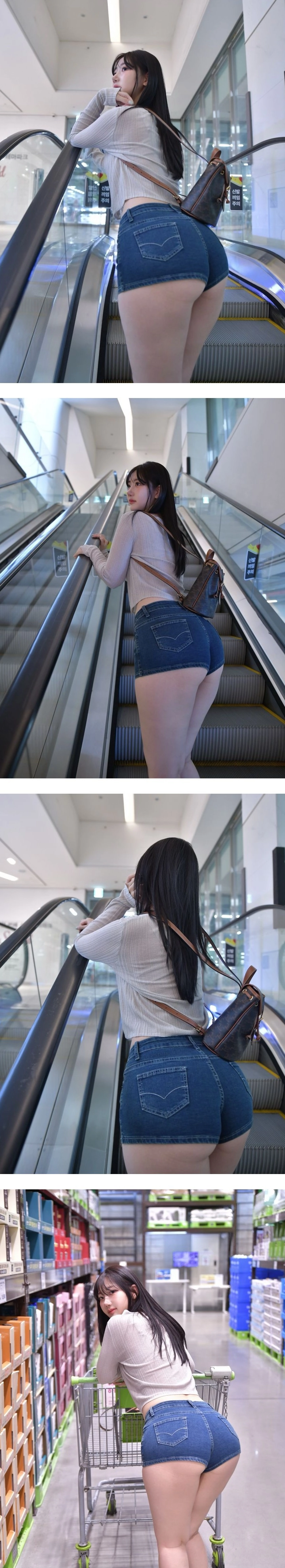 신나린 엉밑살 에스컬레이터 오르며 드러난 청핫팬츠 착붙 라인