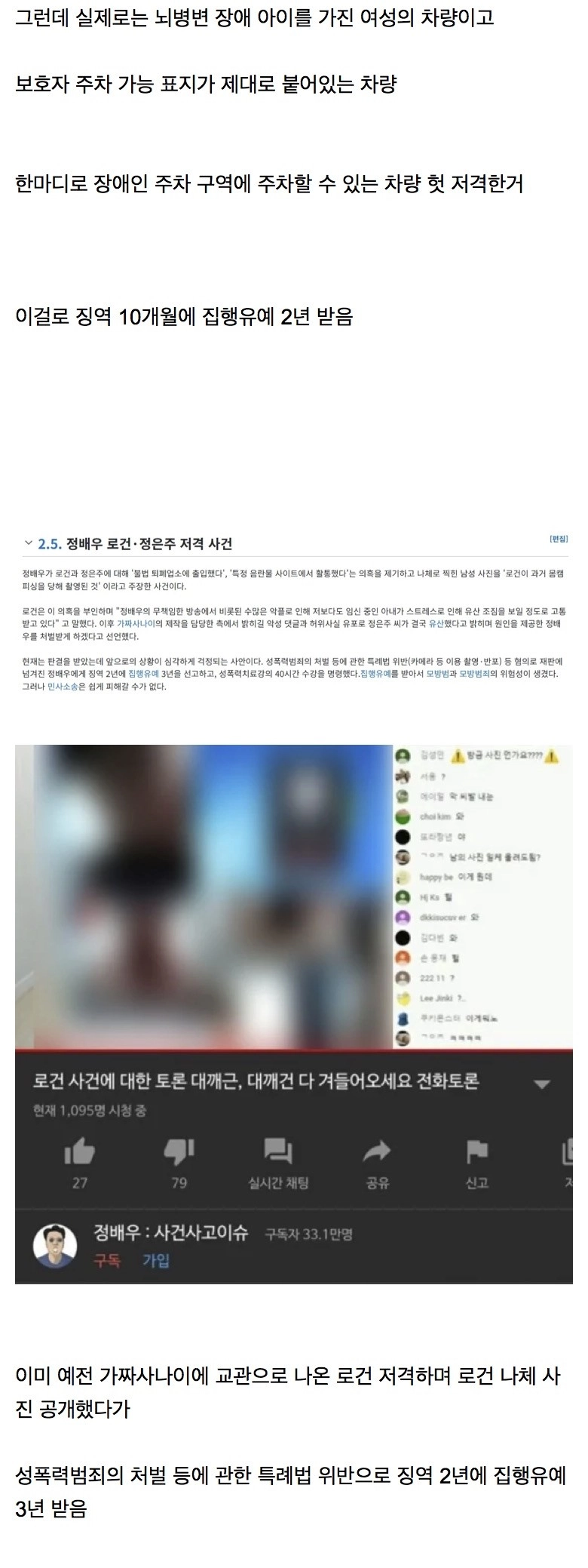 장애인 주차구역에 주차한 차량 불법주차로 박제한 30만 유튜버, 징역형 집유