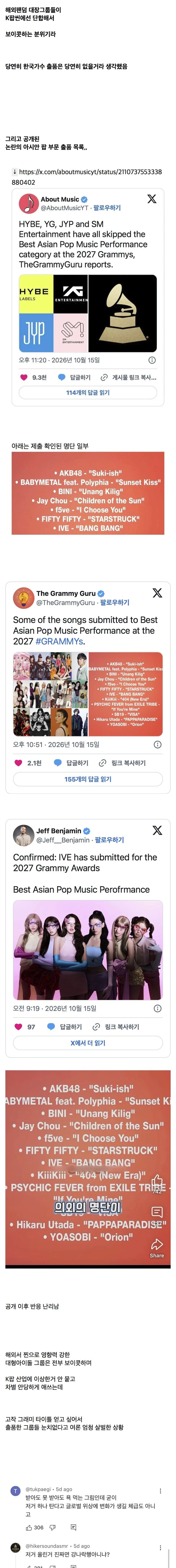 현재 명단 공개 후 눈치없다고 여론 살벌한 그래미 어워드 한국가수 출품목록 근황